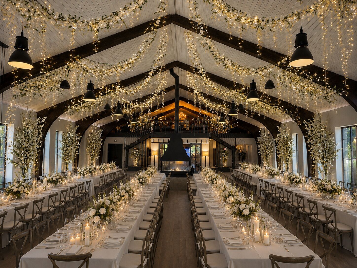 Long banquet tables set beneath floral garlands and string lights at THE 1301