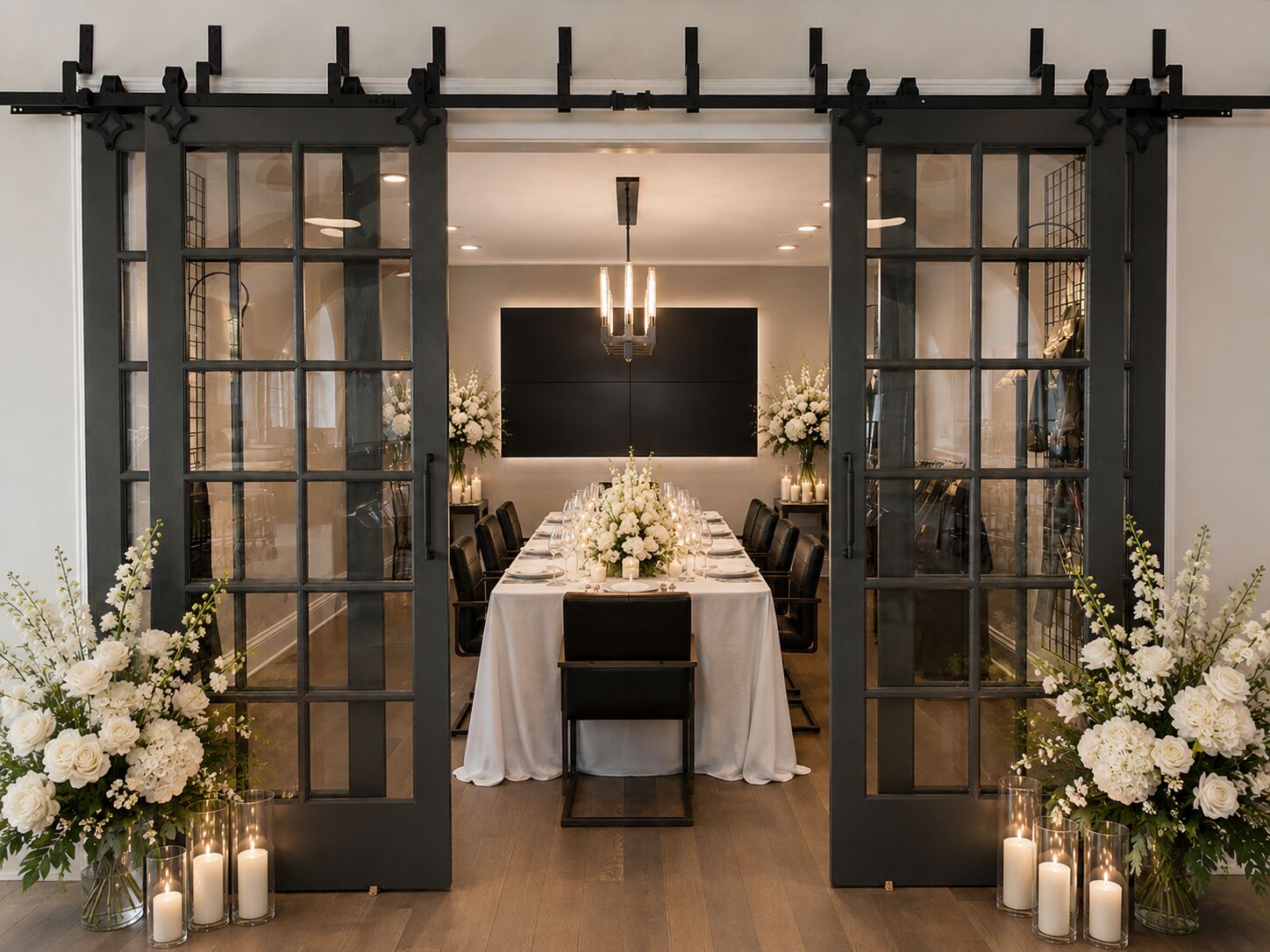 Head table framed by black steel doors and white floral arrangements at THE 1301