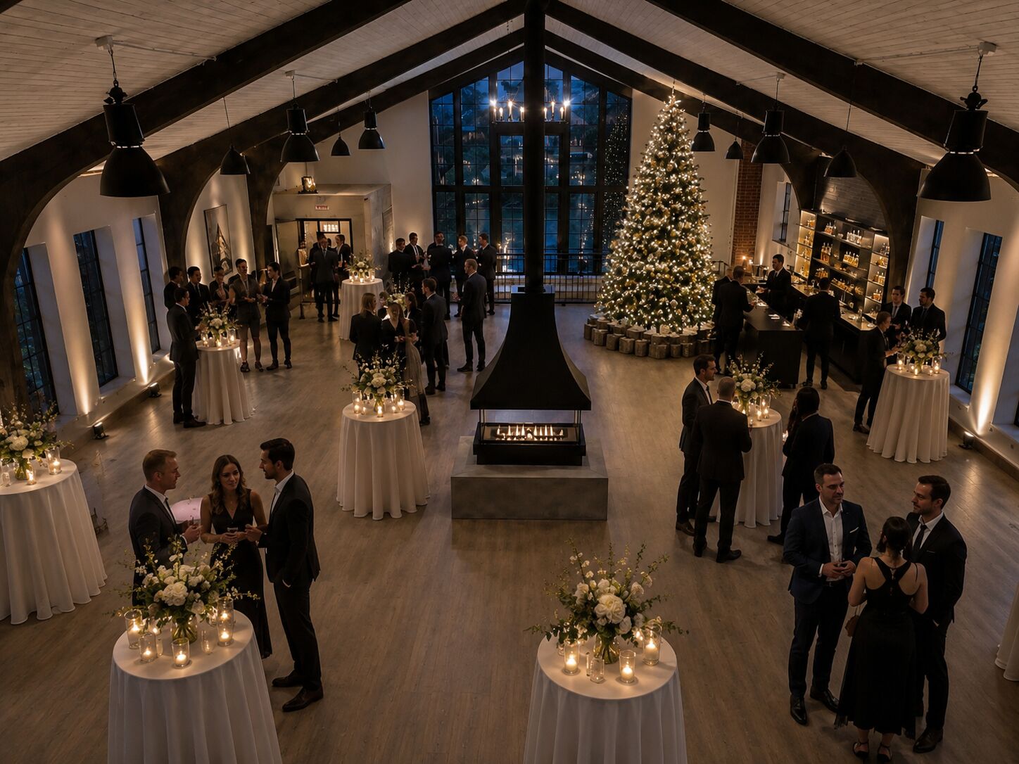 Holiday party on the main floor of THE 1301 with guests, cocktail tables, and Christmas tree
